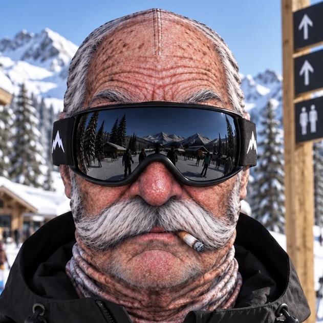 Matching face-print ski mask style with a white moustache and black goggles